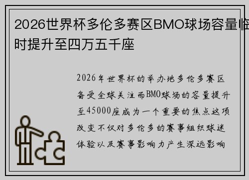 2026世界杯多伦多赛区BMO球场容量临时提升至四万五千座
